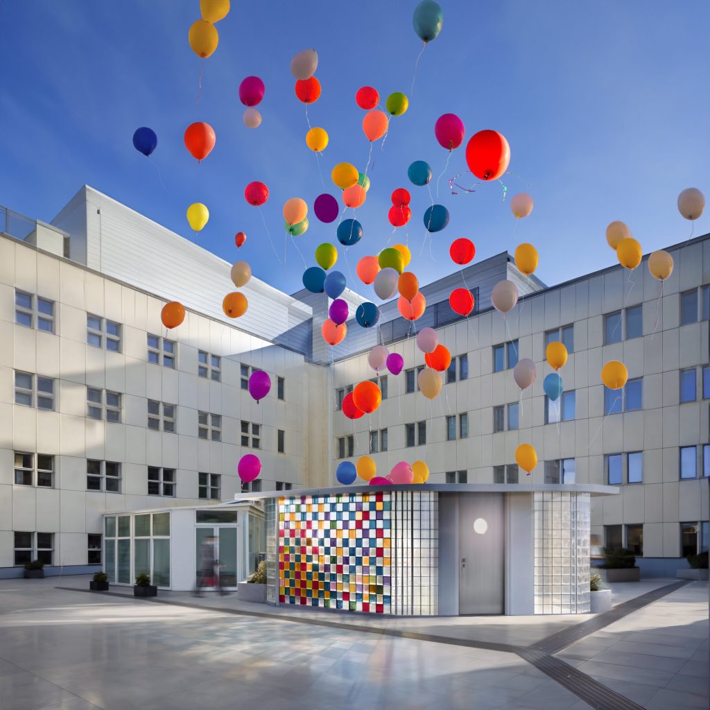 A visual render of the proposed cabin, featuring colourful glass blocks.