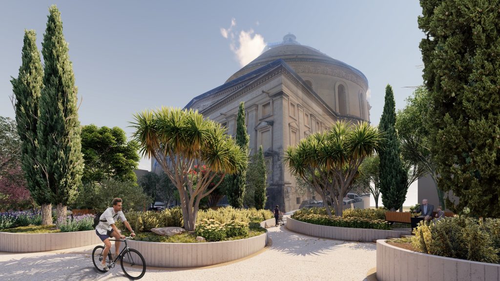 Render of 'Verdant Mounds: Sculpting an Urban Green Pocket' - a project by Studjurban that reimagines Ġnien Reggie Cilia in Mosta.