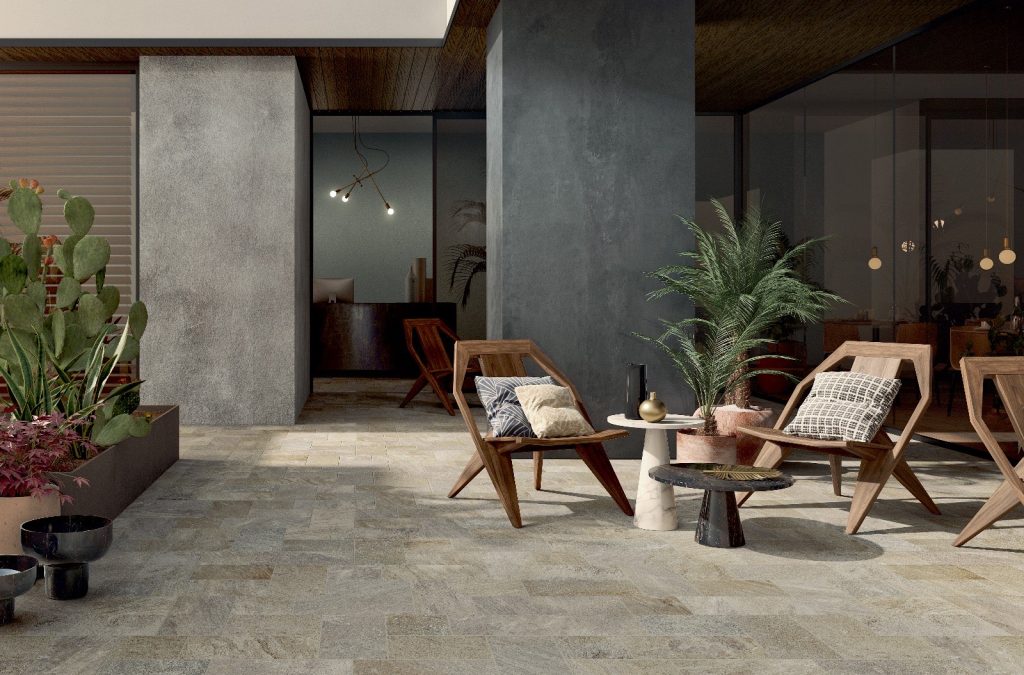 Large-format slabs for outdoor feature wall