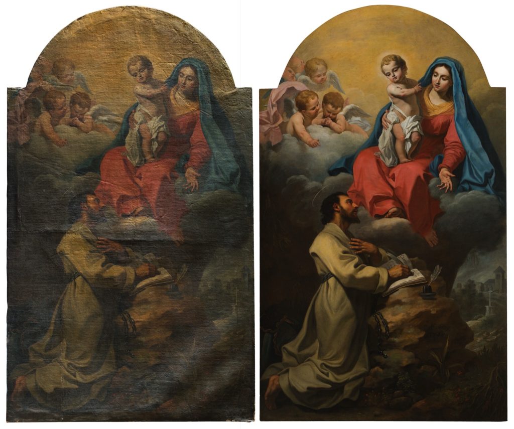 Antoine de Favray’s titular painting adorning the Chapel of Our Lady of Manresa, before (RAK) and after treatments carried out by ASC Conservation Centre Ltd / Photo by Manuel Ciantar and Suzanne Ciantar Ferrito o.b.o ASC Conservation Centre Ltd